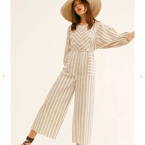 NWT Free People Endless Summer KENNY Jumpsuit Sz L Color Ivory Striped SRP $128
